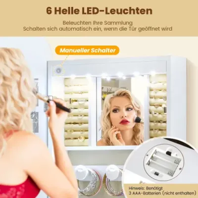 Zrcadlo po celé délce s uzamykatelnou skříňkou na šperky a 6 LED světel Organizér na šperky