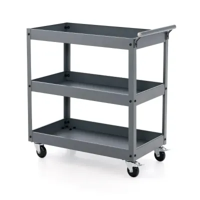 Robustní třípatrový pojízdný kovový přepravní vozík se 3 policemi a ergonomickou rukojetí šedý
