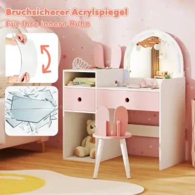 Dětský toaletní stolek s osvětlením, toaletní stolek s osvětleným zrcadlem, toaletní stolek s otevřenými policemi, bílý