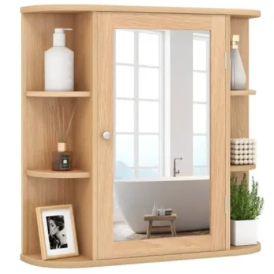 Zrcadlová skříňka do koupelny 4 přihrádky a 6 otevřených polic Koupelnová skříňka se zrcadlem 66 x 17 x 63 cm Přírodní barva