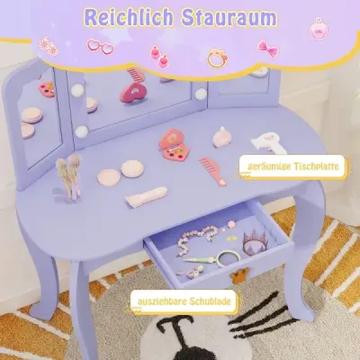 Dětský toaletní stolek s osvětlením Dívčí toaletní stolek s trojitým skládacím zrcadlem Fialový
