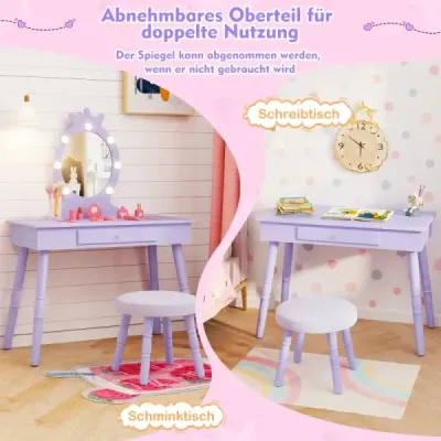 Dětský toaletní stolek 2 v 1 Princezna s odnímatelným zrcadlem a zásuvkou Fialová barva
