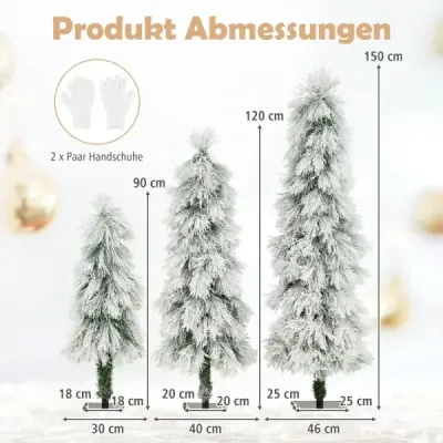 Sada 3 umělých vánočních stromků 90 cm 120 cm 150 cm s osvětlením zasněžené špičky větví zelené barvy