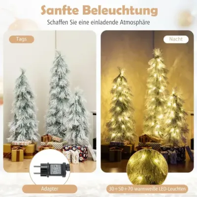 Sada 3 umělých vánočních stromků 90 cm 120 cm 150 cm s osvětlením zasněžené špičky větví zelené barvy