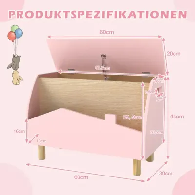 Dřevěný box na hračky s policí Truhla na hračky s odklápěcím víkem 60 x 30 x 44 cm Růžová barva