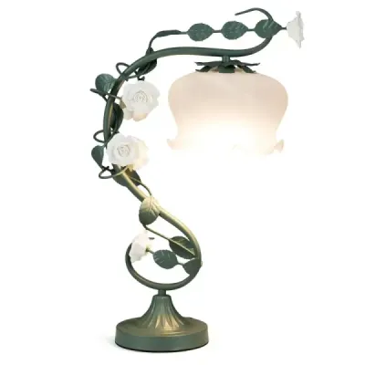 Vintage noční lampa se skleněným stínidlem z konvalinek a 6 keramickými růžemi a kovovými listy Retro stolní lampa