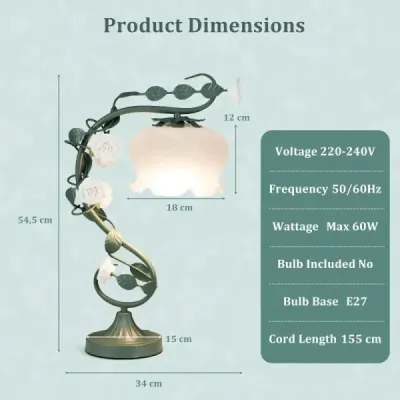 Vintage noční lampa se skleněným stínidlem z konvalinek a 6 keramickými růžemi a kovovými listy Retro stolní lampa
