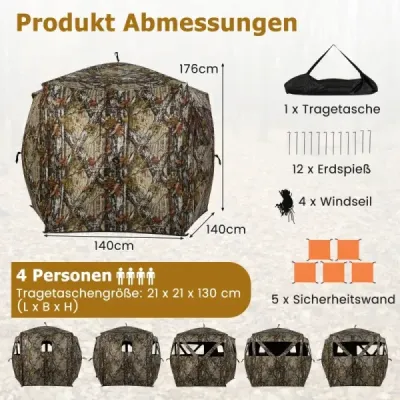 Přenosný lovecký stan pro 4 osoby s bezhlučnými okny Pop-up maskovací stan