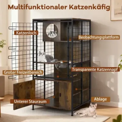 Moderní kočičí skříňka klec víceúrovňová kočičí bouda s kovovým rámem miska na krmivo hnědá