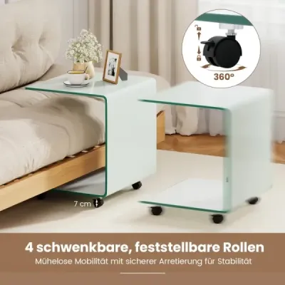 Odkládací stolek z tvrzeného skla s kolečky Skleněný stolek ve tvaru C Noční stolek Pohovka Konferenční stolek Bílý