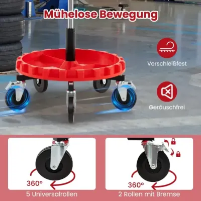 Dílenská stolička na kolečkách Mechanická stolička na kolečkách s nastavitelnou výškou 71-83 cm a zásobníkem na nářadí červená