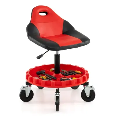 Dílenská stolička na kolečkách Mechanická stolička na kolečkách s nastavitelnou výškou 71-83 cm a zásobníkem na nářadí červená