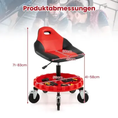 Dílenská stolička na kolečkách Mechanická stolička na kolečkách s nastavitelnou výškou 71-83 cm a zásobníkem na nářadí červená