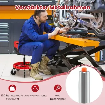 Dílenská stolička na kolečkách Mechanická stolička na kolečkách s nastavitelnou výškou 71-83 cm a zásobníkem na nářadí červená