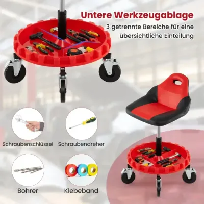 Dílenská stolička na kolečkách Mechanická stolička na kolečkách s nastavitelnou výškou 71-83 cm a zásobníkem na nářadí červená