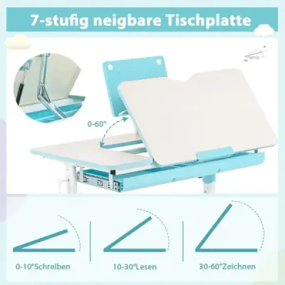 Výškově nastavitelný dětský psací stůl s výklopnou deskou a stojanem na knihy (modrý stůl)