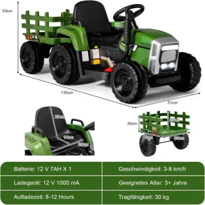 12 V dětský traktor s přívěsem Elektrické autíčko na baterie žluté