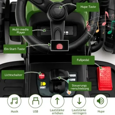 12 V dětský traktor s přívěsem Elektrické autíčko na baterie žluté