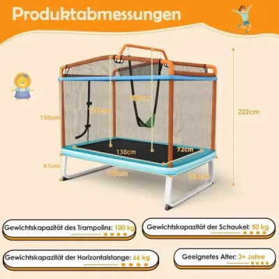 Dětská trampolína 3 v 1 Trampolína s houpačkou a vodorovnou tyčí Zahradní trampolína oranžová
