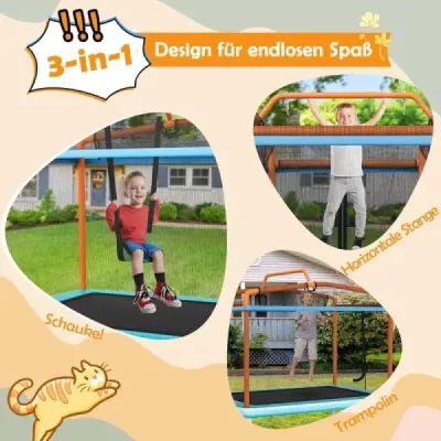 Dětská trampolína 3 v 1 Trampolína s houpačkou a vodorovnou tyčí Zahradní trampolína oranžová