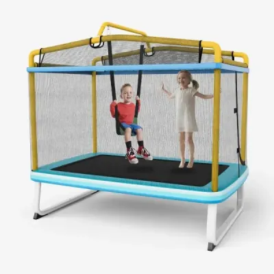 Dětská trampolína 3 v 1 Trampolína s houpačkou a vodorovnou tyčí Zahradní trampolína žlutá