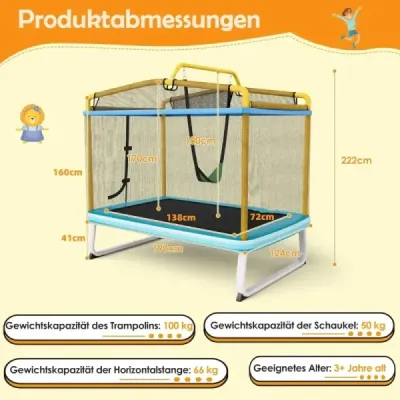 Dětská trampolína 3 v 1 Trampolína s houpačkou a vodorovnou tyčí Zahradní trampolína žlutá