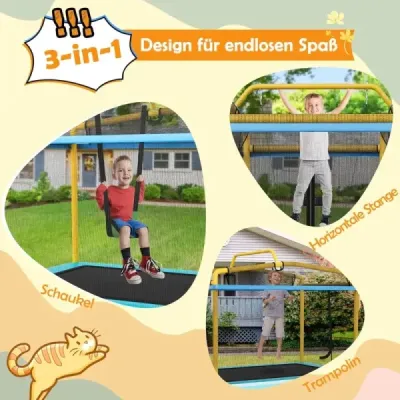 Dětská trampolína 3 v 1 Trampolína s houpačkou a vodorovnou tyčí Zahradní trampolína žlutá