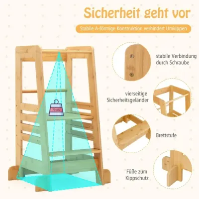 Dětská bambusová učební věž se 4 nastavitelnými výškami a bezpečnostním zábradlím Stupínek Montessori