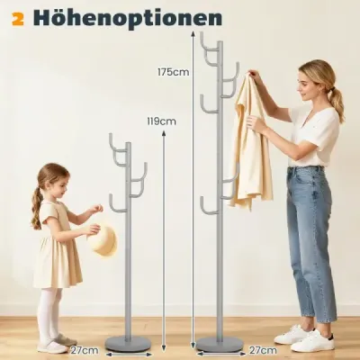 175 cm Moderní věšák na kabáty s 8 háčky, zatíženou základnou a zahnutými konci stříbrný