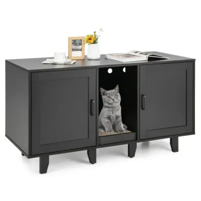 Kočičí skříňka na stelivo se škrabací deskou, 2 dvířky a vchodem 120 x 52 x 65 cm Černá