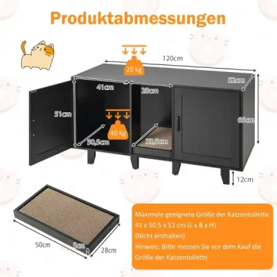 Kočičí skříňka na stelivo se škrabací deskou, 2 dvířky a vchodem 120 x 52 x 65 cm Černá