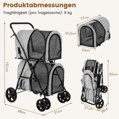 Dvoupatrový kočárek pro psy do 16 kg se síťovanými okny držák na kelímek šedý