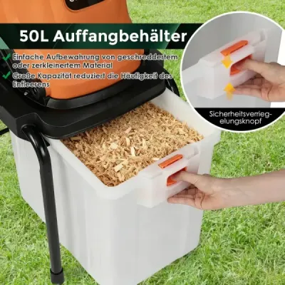 2800W Elektrický drtič s 50L sběrným zásobníkem Drtič dřeva Elektrický zahradní drtič Oranžový