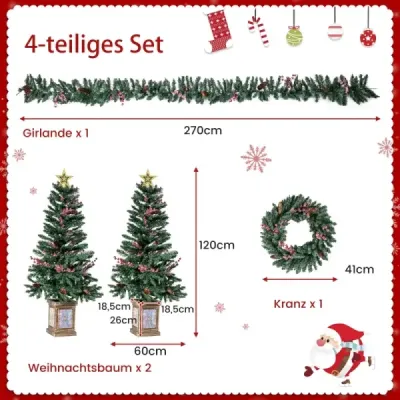 Sada 2 120 cm mini umělých vánočních stromků v květináči s vánoční girlandou a věncem