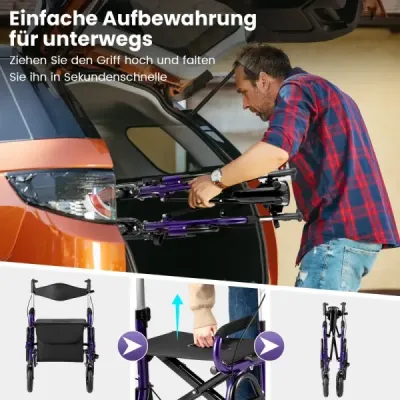 Rolák pro seniory se sedátkem Skládací kombinace rolátoru a invalidního vozíku 2 v 1 s 23 cm pneumatikami Fialový