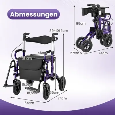 Rolák pro seniory se sedátkem Skládací kombinace rolátoru a invalidního vozíku 2 v 1 s 23 cm pneumatikami Fialový