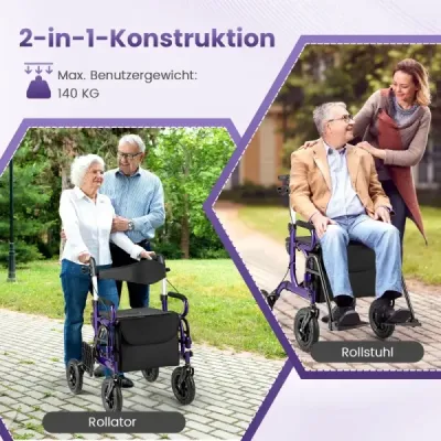 Rolák pro seniory se sedátkem Skládací kombinace rolátoru a invalidního vozíku 2 v 1 s 23 cm pneumatikami Fialový