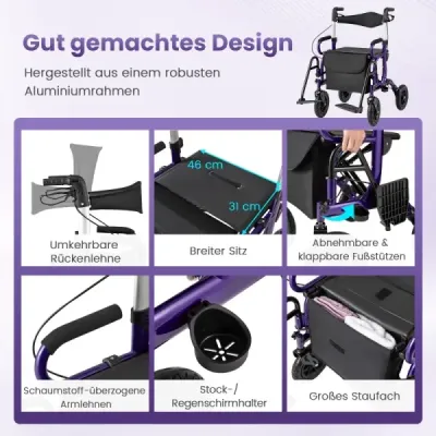 Rolák pro seniory se sedátkem Skládací kombinace rolátoru a invalidního vozíku 2 v 1 s 23 cm pneumatikami Fialový