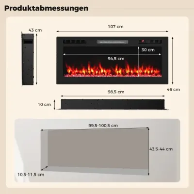 42'' elektrický krb 750W/1500W vestavěný krb s APP WLAN a dálkovým ovládáním nástěnný krb