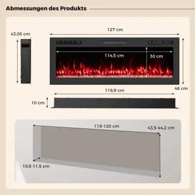 50" elektrický krb s ohřevem 750W/1500W vestavěný krb s dálkovým ovládáním a ovládáním pomocí aplikace WiFi