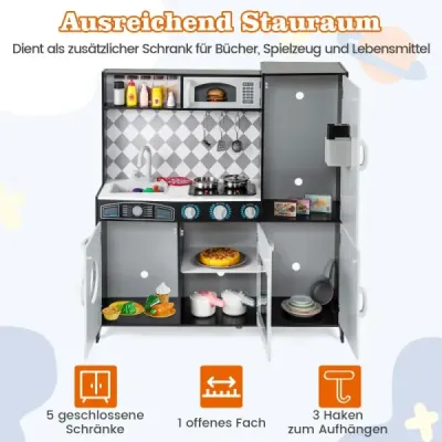 Dřevěná kuchyňka na hraní Kuchyňský set s výrobníkem zmrzliny Vařič Pračka Trouba Mikrovlnná trouba Kuchyňské náčiní Šedá barva