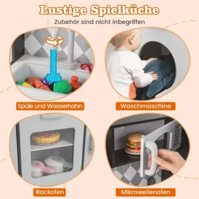 Dřevěná kuchyňka na hraní Kuchyňský set s výrobníkem zmrzliny Vařič Pračka Trouba Mikrovlnná trouba Kuchyňské náčiní Šedá barva
