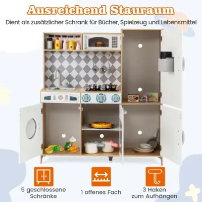 Spielküche aus Holz mit Zubehör Küchenspielset Spielzeugküche mit Eismaschine & Kochherd Natur