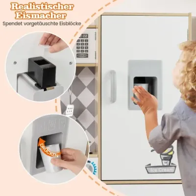 Spielküche aus Holz mit Zubehör Küchenspielset Spielzeugküche mit Eismaschine & Kochherd Natur