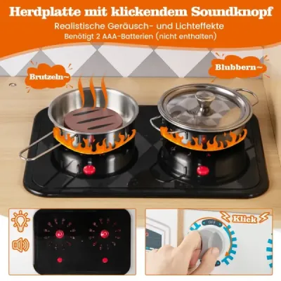 Spielküche aus Holz mit Zubehör Küchenspielset Spielzeugküche mit Eismaschine & Kochherd Natur