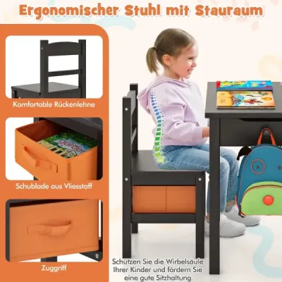 Dětský stůl + židle z masivního dřeva se skládací deskou stolu a zásuvkou a háčkem Hnědý