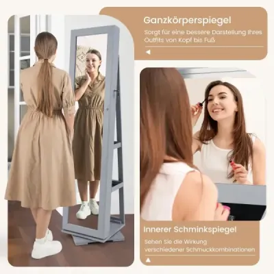 360° otočná skříňka na šperky se zrcadlem po celé délce Zrcadlová skříňka s úložným prostorem na šperky Šedá barva