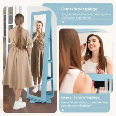 360° otočná skříňka na šperky se zrcadlem po celé délce Zrcadlová skříňka s úložným prostorem na šperky Blue