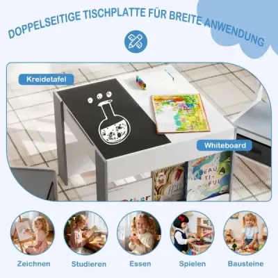Dětský set stolu a židlí 4 v 1 s oboustrannými deskami stolů a postranními policemi na knihy Šedá barva