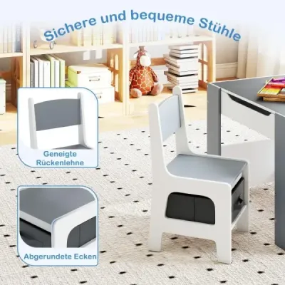 Dětský set stolu a židlí 4 v 1 s oboustrannými deskami stolů a postranními policemi na knihy Šedá barva